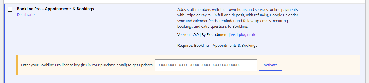 The license row on the Plugins screen