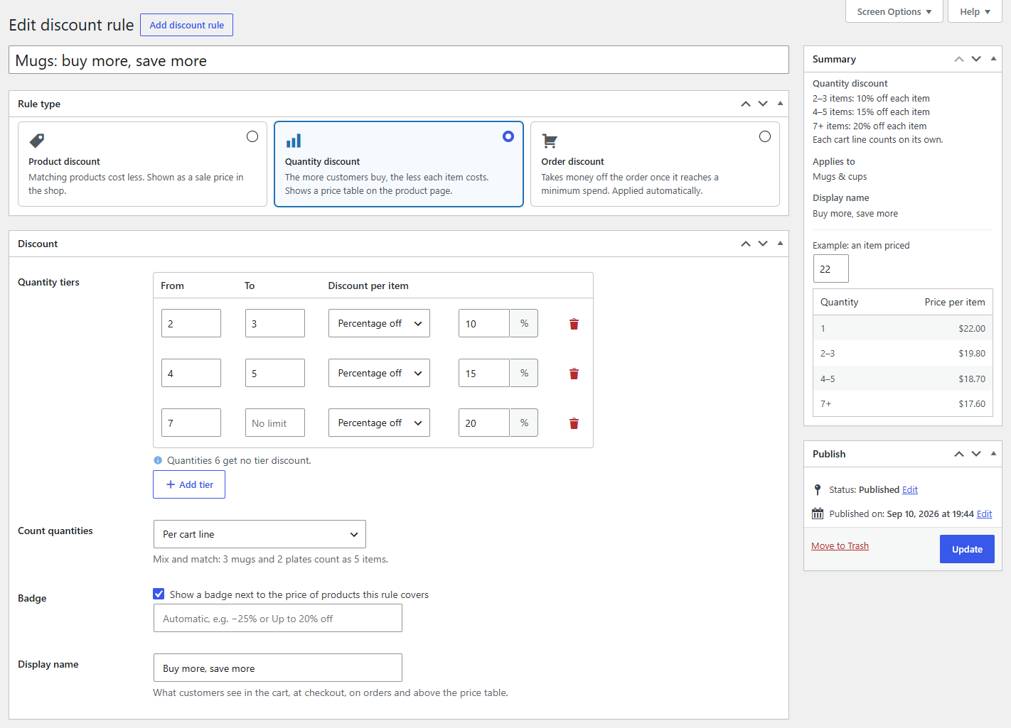 The rule editor with quantity tiers and the Summary box
