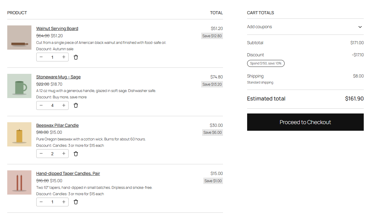 The cart with item discounts and the order discount by name