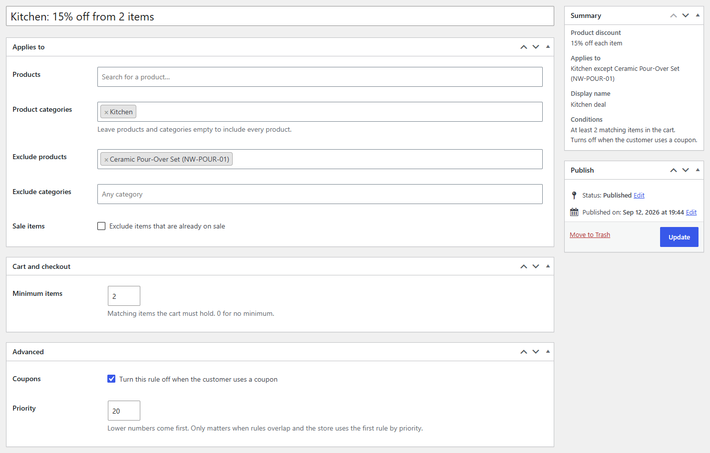 The Applies to, Cart and checkout and Advanced boxes next to the summary