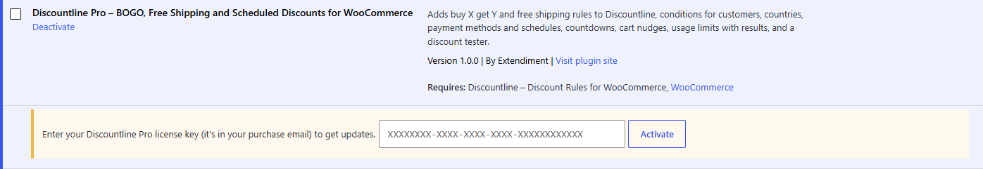 The license box under Discountline Pro on the Plugins screen