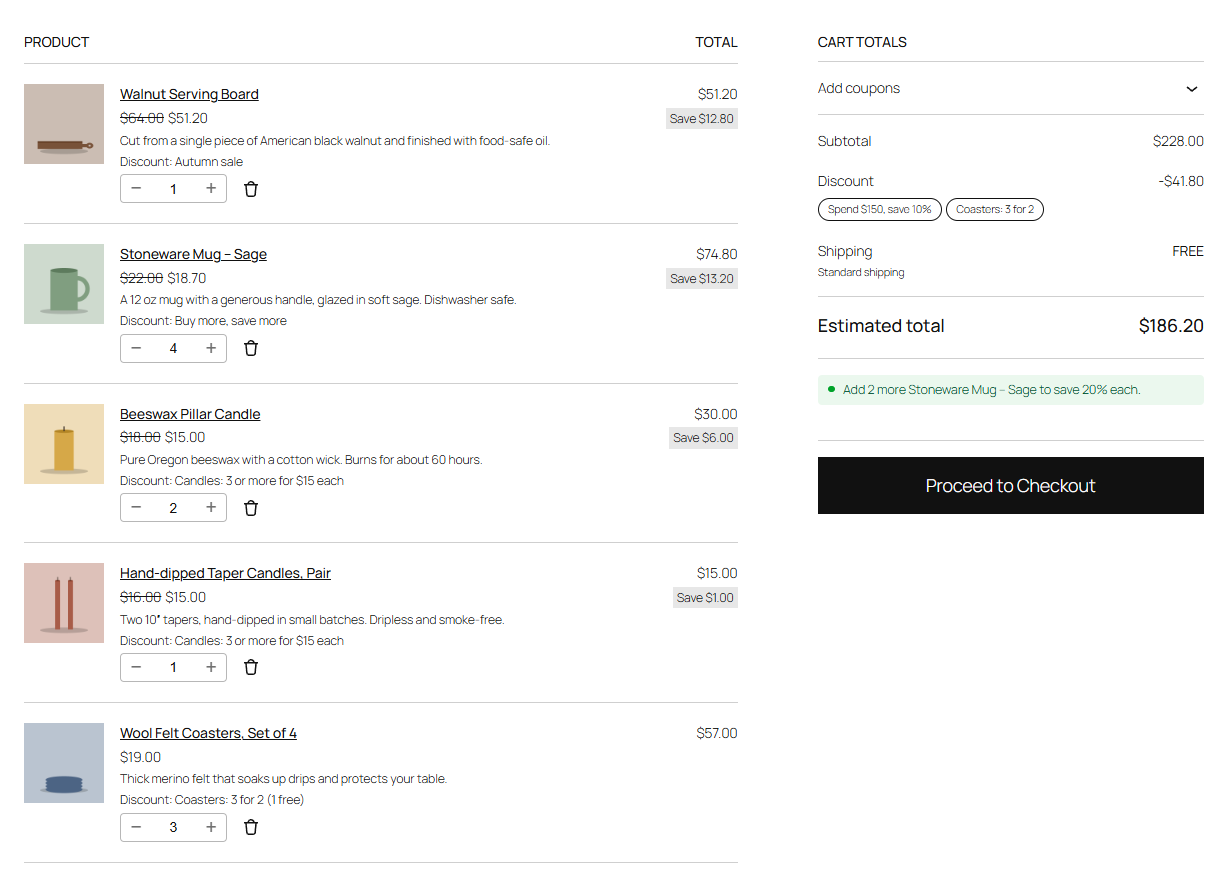 The cart with the buy X, get Y discount, free shipping and nudges