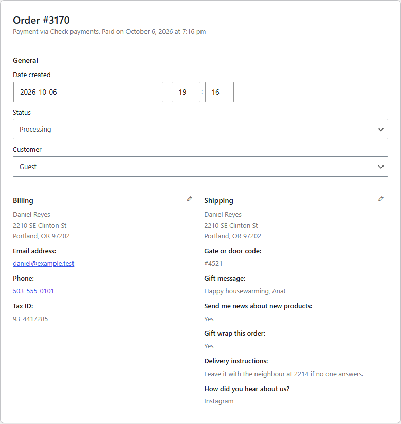 Answers on the order screen