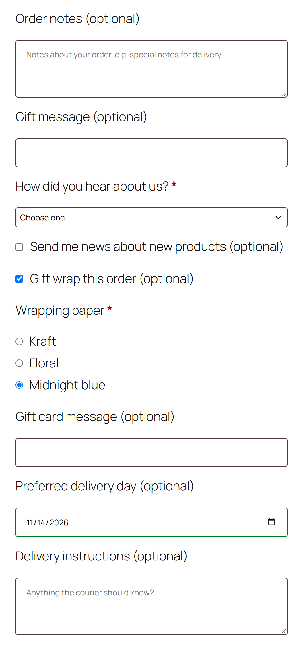 Radio buttons and a date picker in the classic checkout