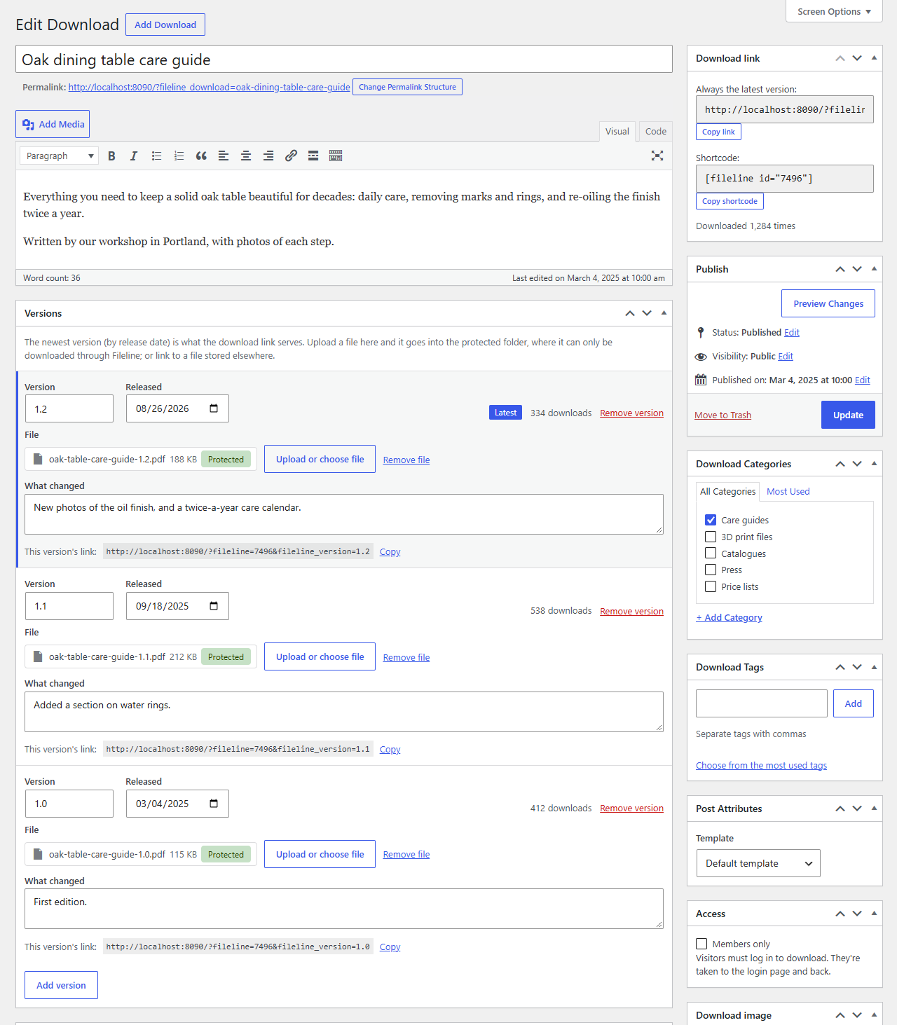 A download's versions, each with its file, date and changes