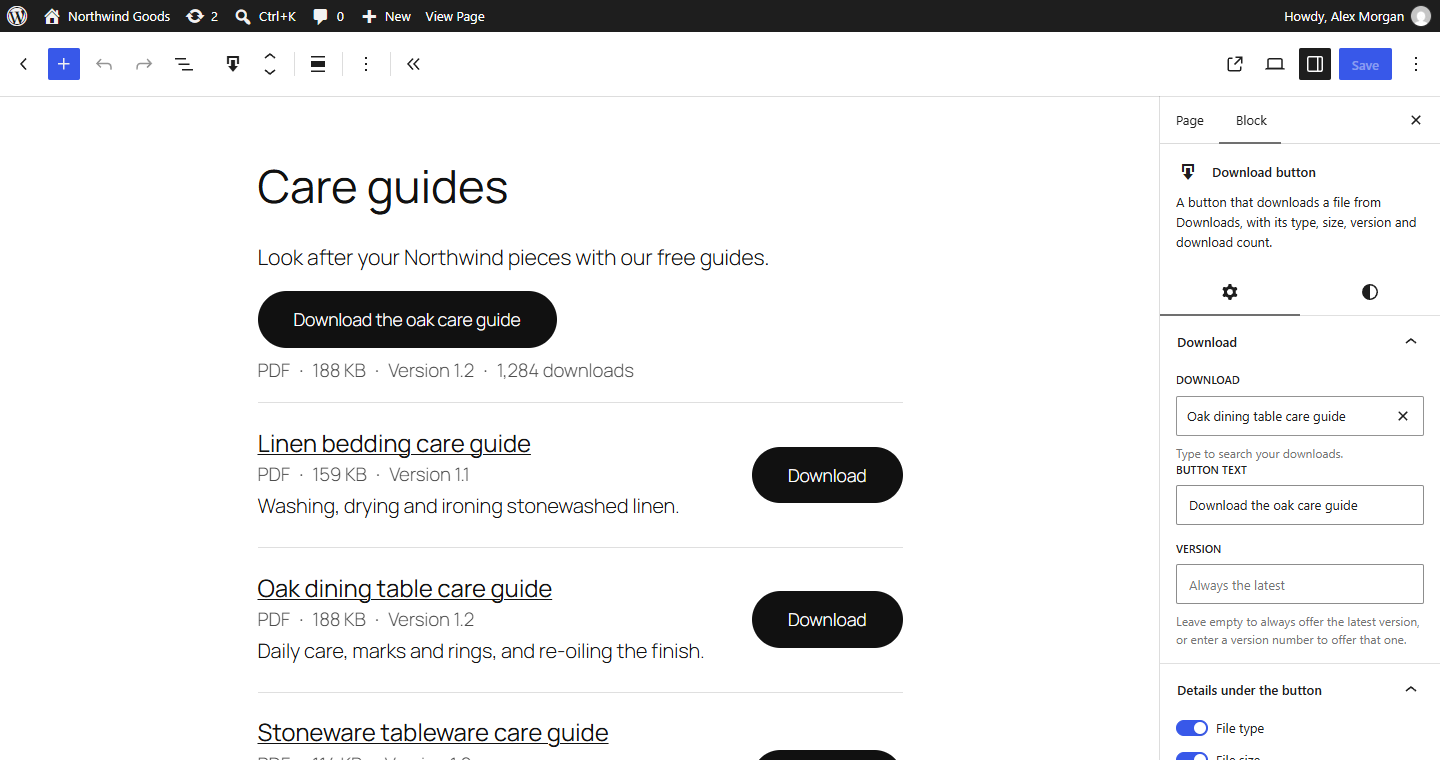The Download button block and its settings