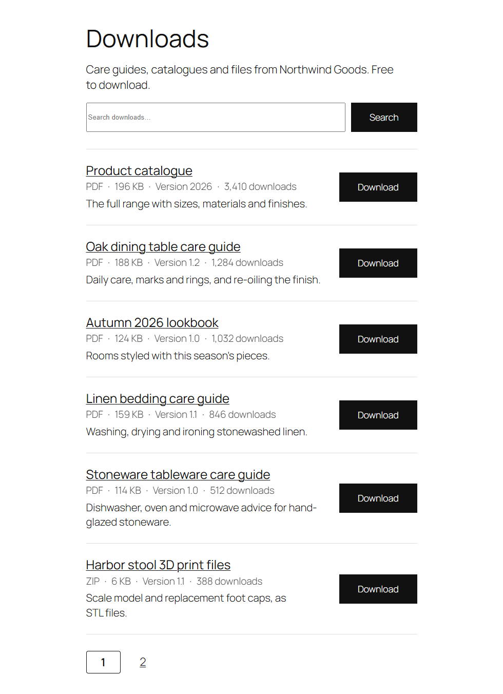 A list of downloads with a search box