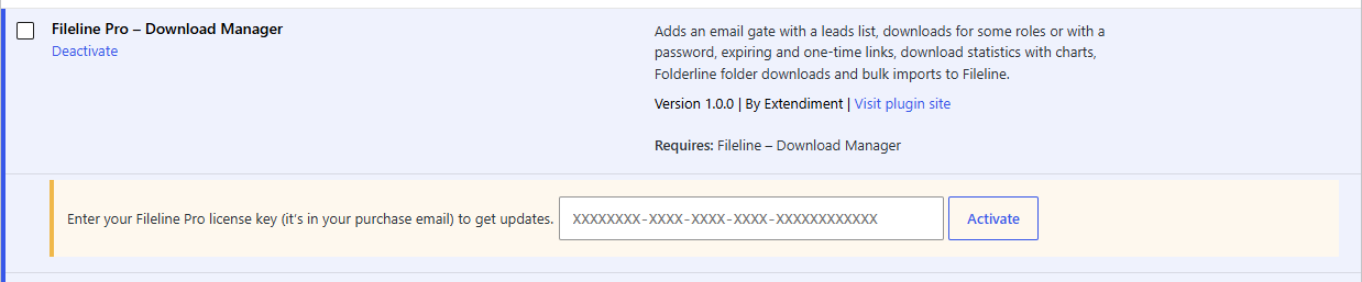 The license box under Fileline Pro on the Plugins screen