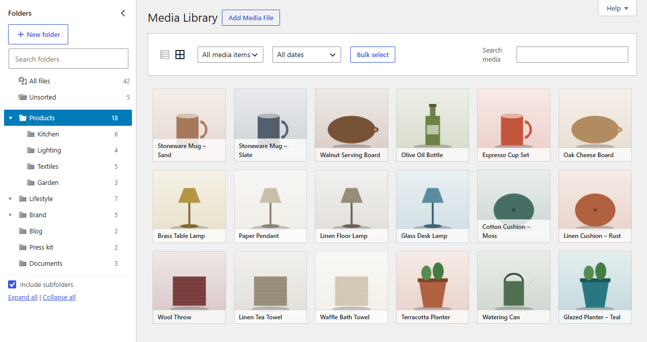The folder panel beside the Media Library's grid