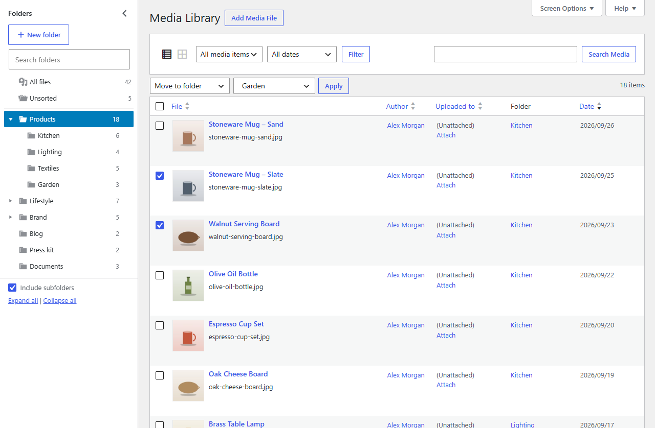 The list view with the Move to folder bulk action