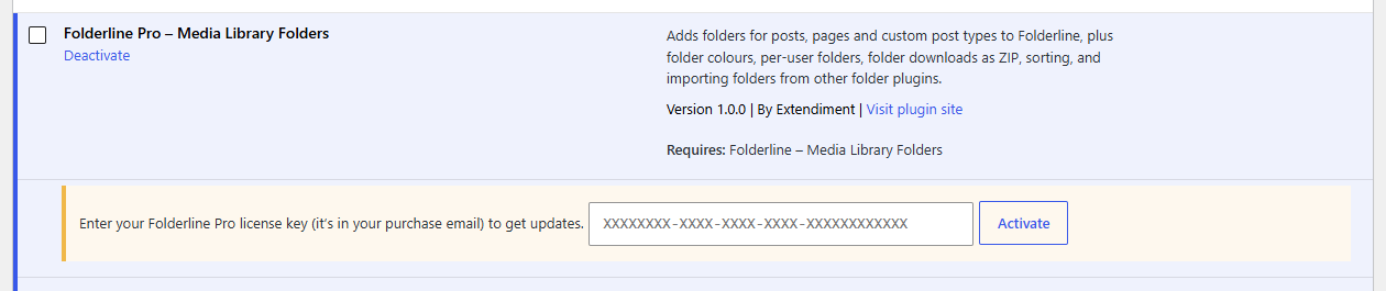 The license box under Folderline Pro on the Plugins screen