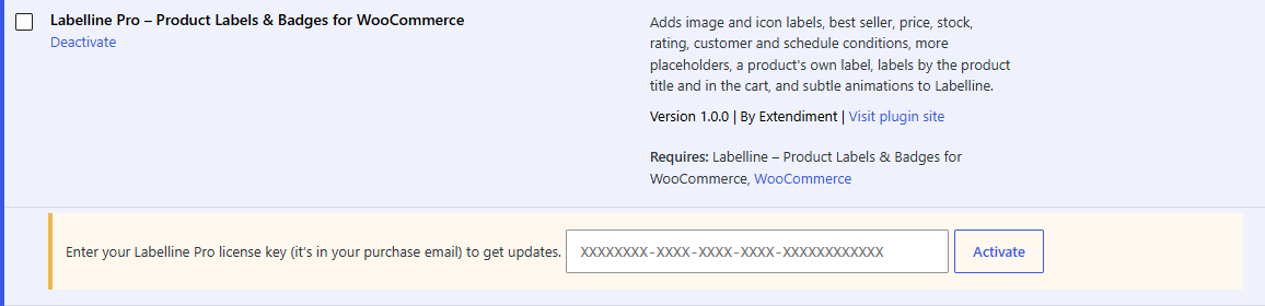 The license box under Labelline Pro on the Plugins screen